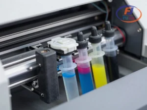 DTF printer internal components showing printhead, dampers, capping station, and ink system