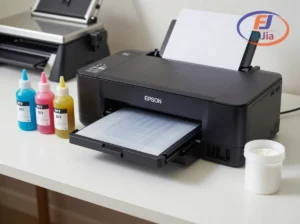 DIY DTF inkjet printer conversion setup showing modified Epson printer with PET film and powder