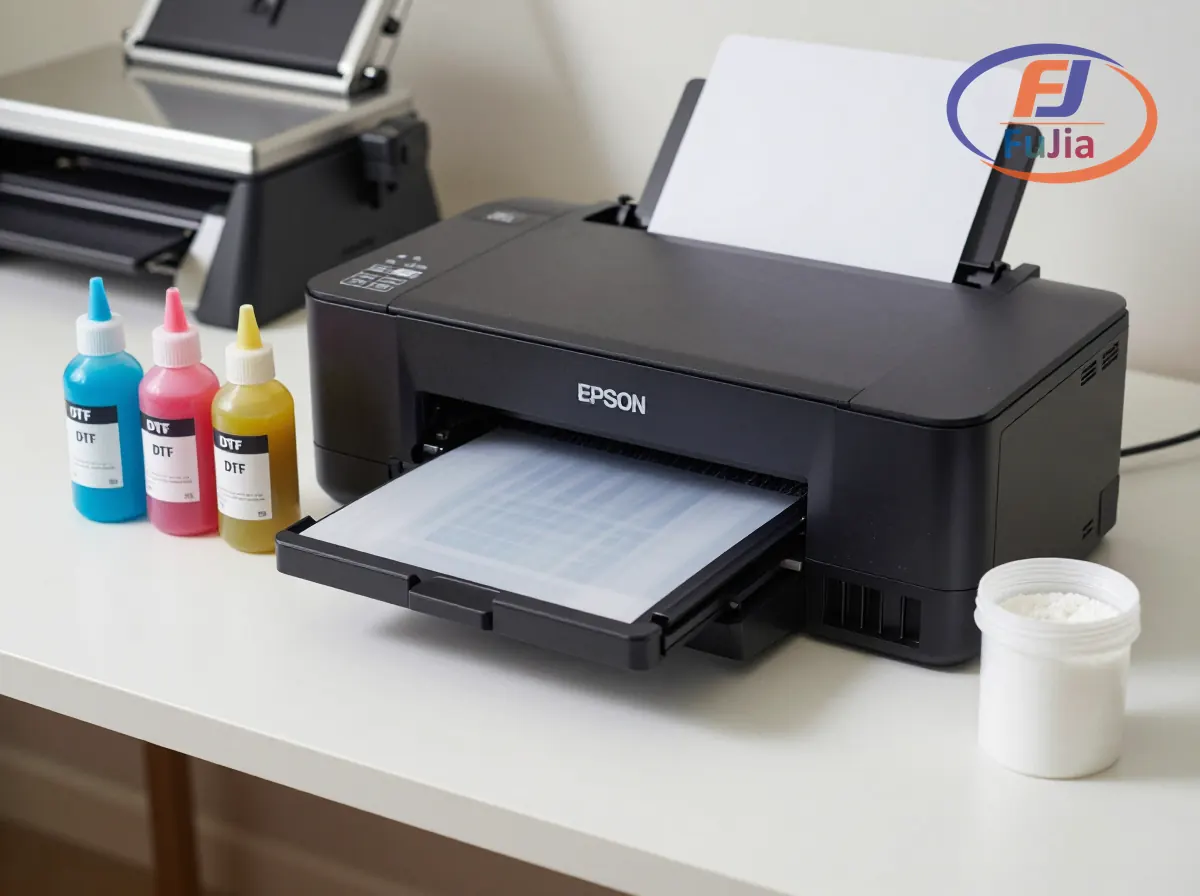 DIY DTF inkjet printer conversion setup showing modified Epson printer with PET film and powder
