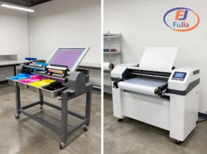 Side by side comparison of screen printing press and DTF printer in a print shop