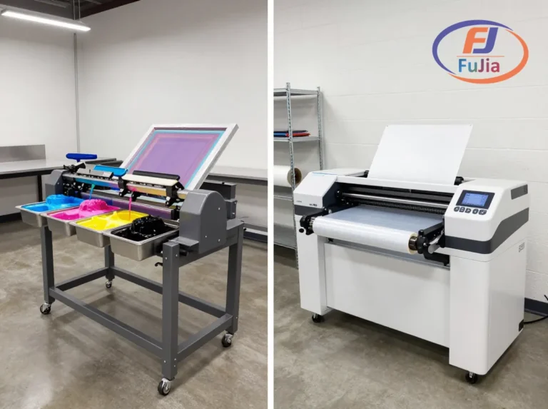 Side by side comparison of screen printing press and DTF printer in a print shop