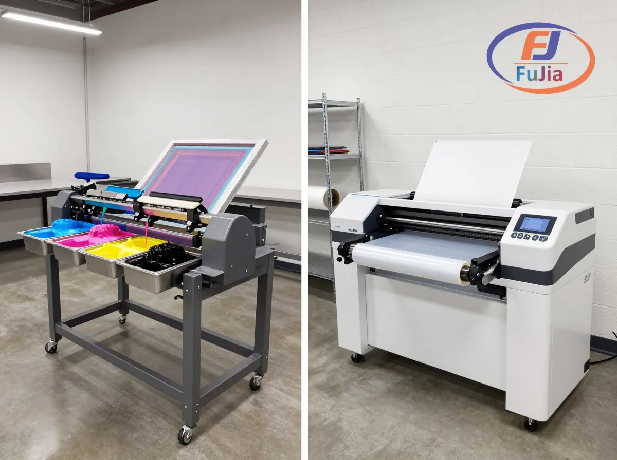 Side by side comparison of screen printing press and DTF printer in a print shop