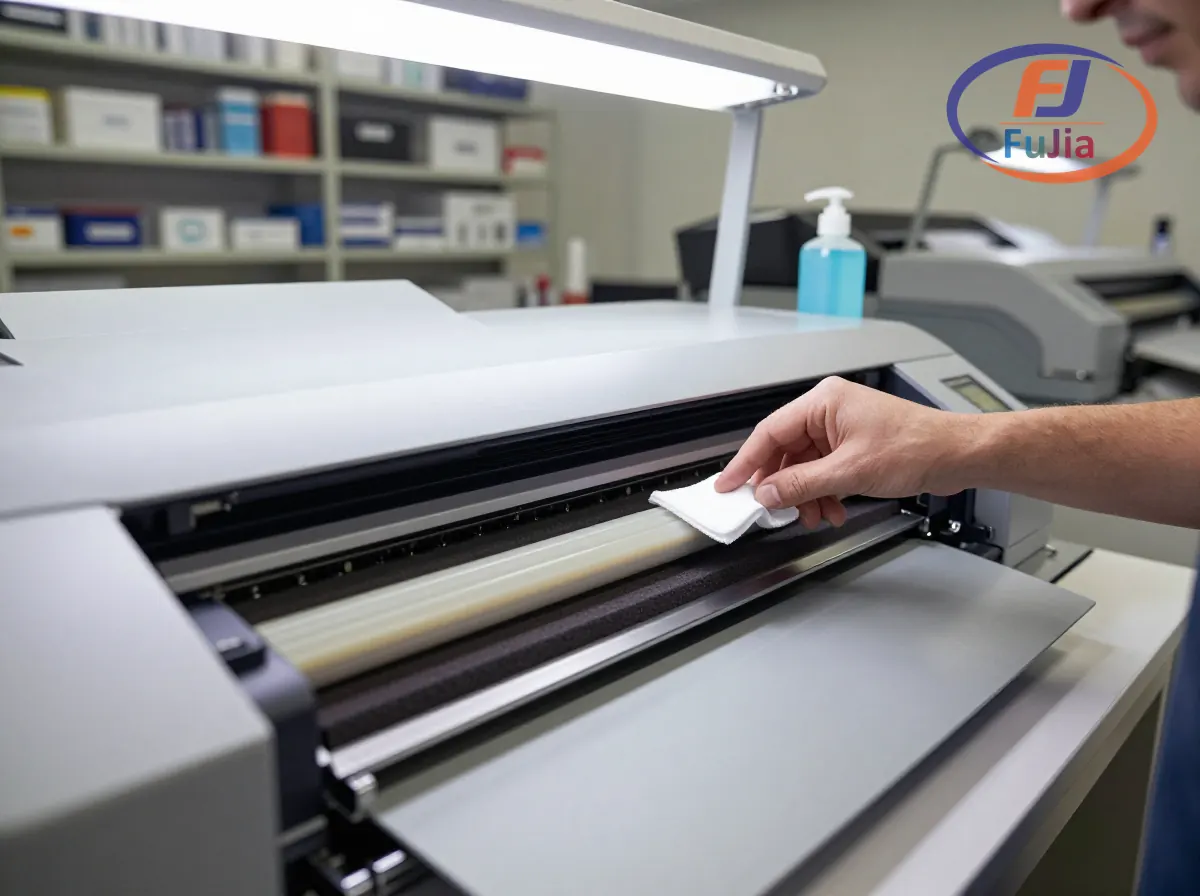 Weekly DTF printer maintenance showing capping station deep clean and wiper blade inspection