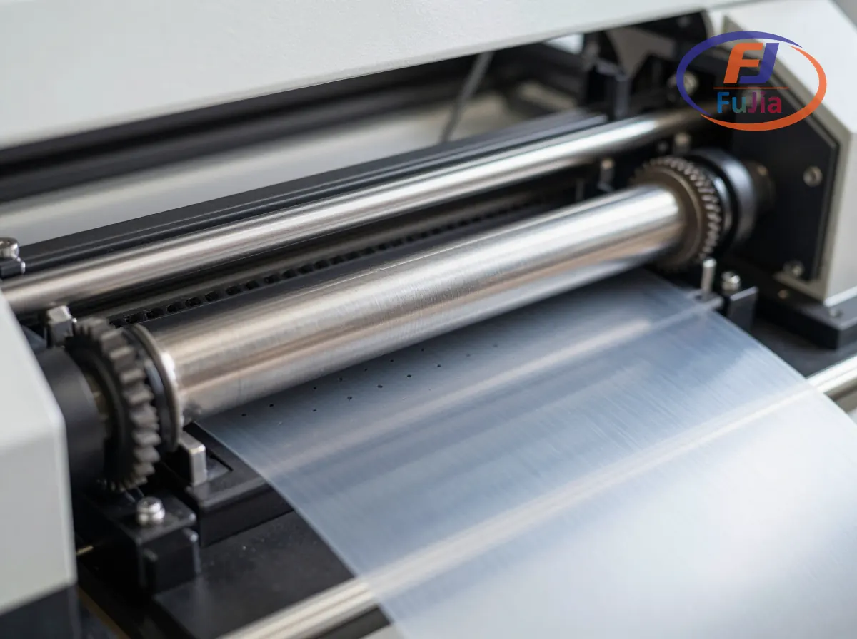 DTF printer film feeding mechanism showing pinch rollers and suction system