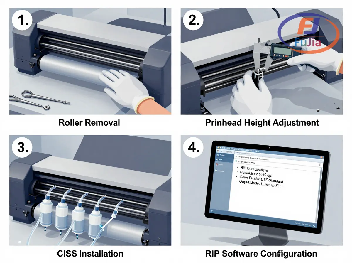 Detailed conversion steps showing printer disassembly, printhead adjustment, and CISS installation