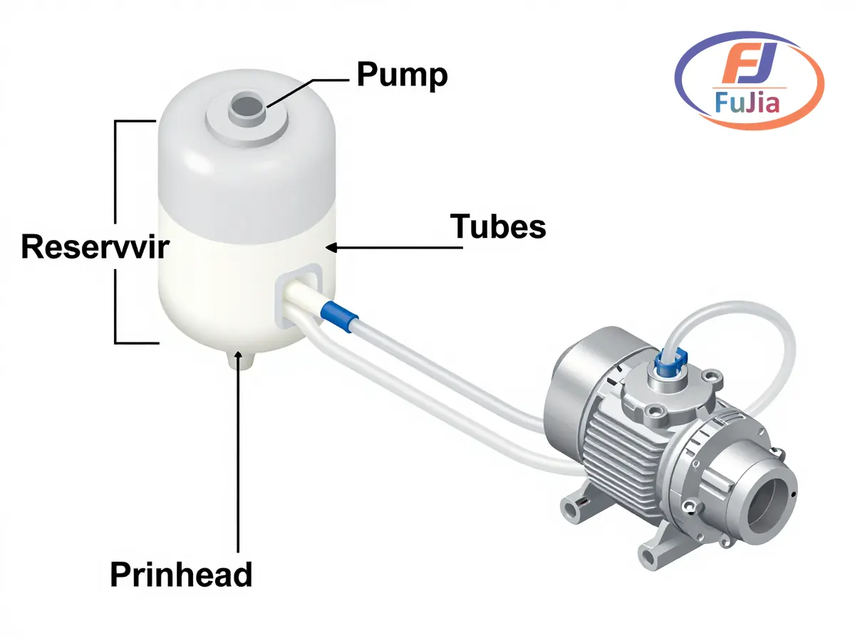 White ink circulation system diagram showing pump, reservoir, filters, and printhead