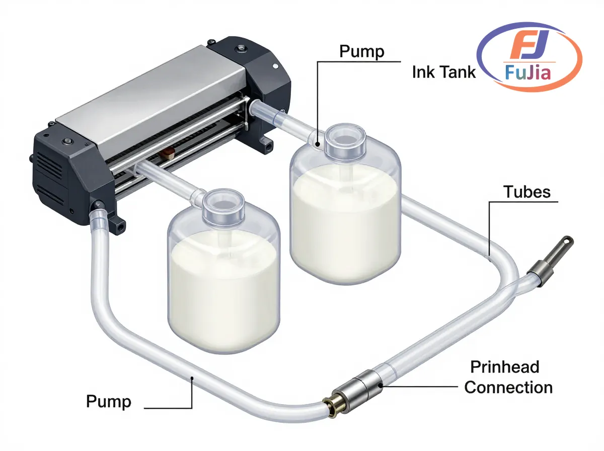 White ink circulation system diagram showing pump, tanks, and printhead connection