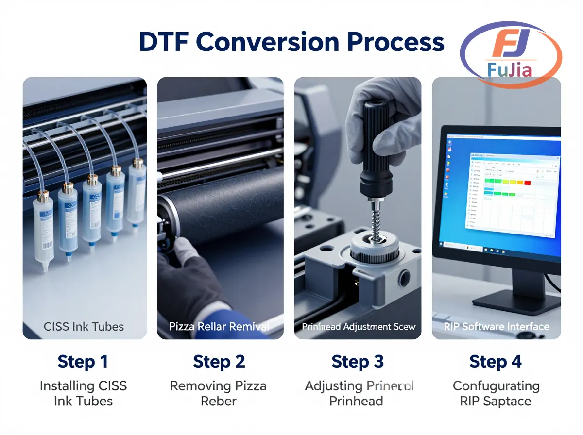 DTF conversion kit components laid out showing CISS ink tanks, DTF ink bottles, and PET film
