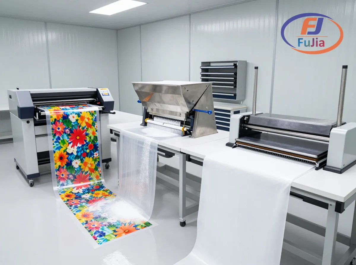 Technical specifications infographic for DTF PET transfer film