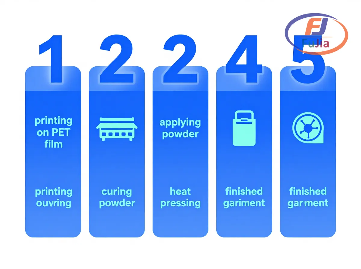 Diagram showing the 5-step DTF printing process from design to finished garment