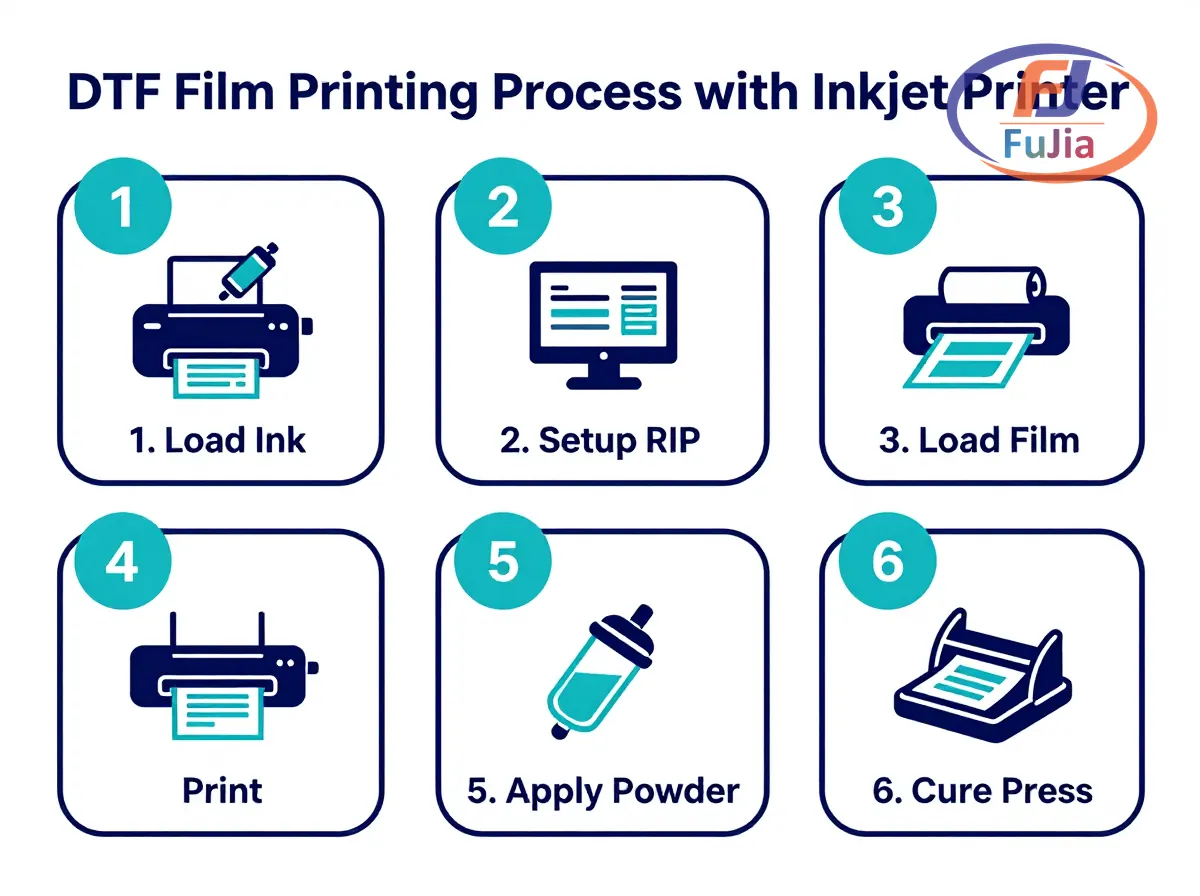 Step-by-step diagram showing DTF film printing process from design to finished transfer
