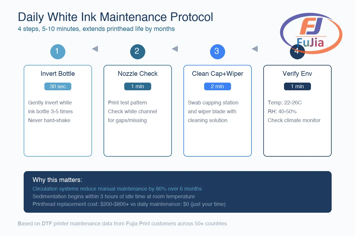 Daily DTF white ink maintenance checklist showing 4 steps: invert, nozzle check, clean cap, verify environment