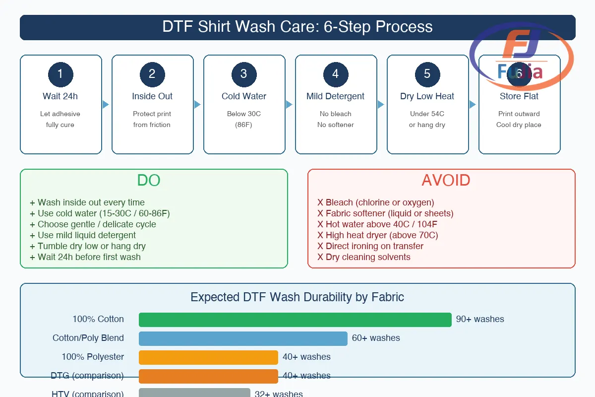 DTF wash care decision matrix showing temperature, detergent, and drying options