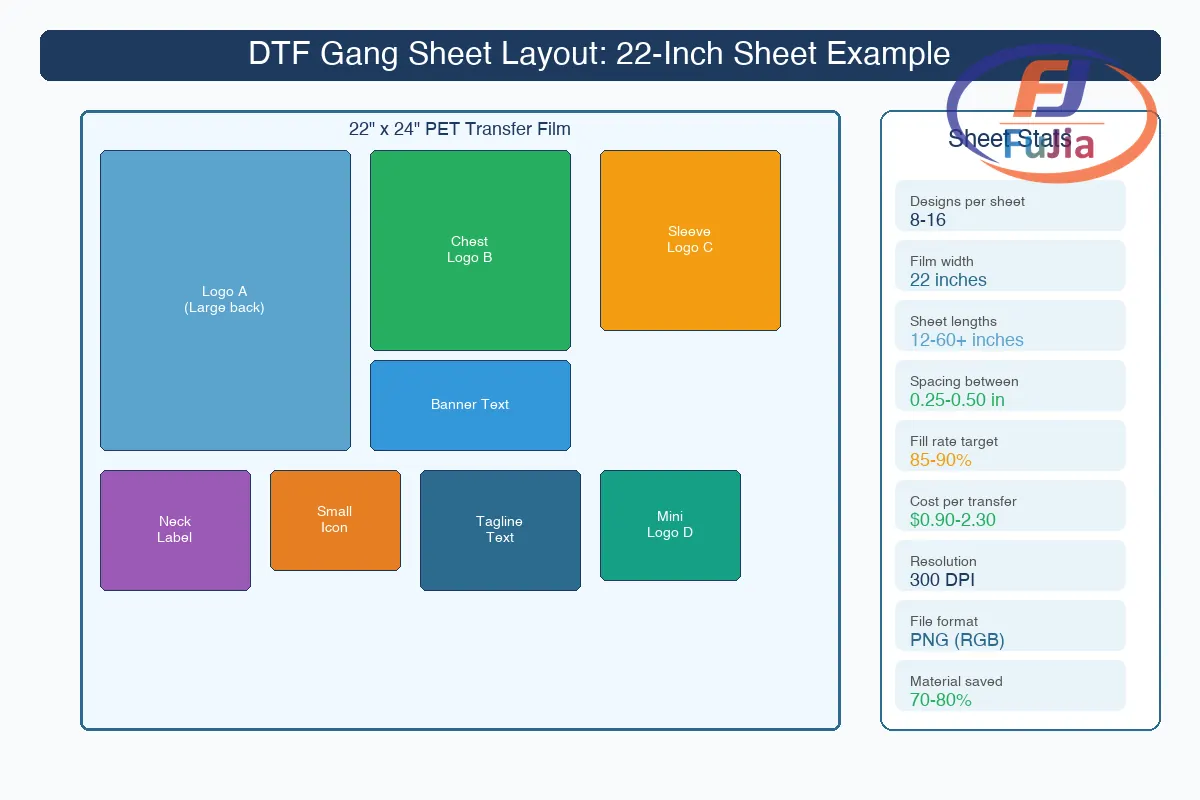 DTF gang sheet layout showing optimal design spacing and arrangement on a 22-inch sheet
