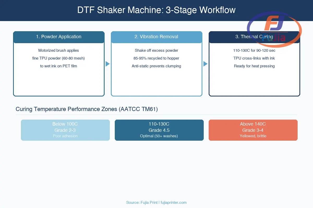 DTF shaker machine workflow showing powder application, vibration, and curing stages