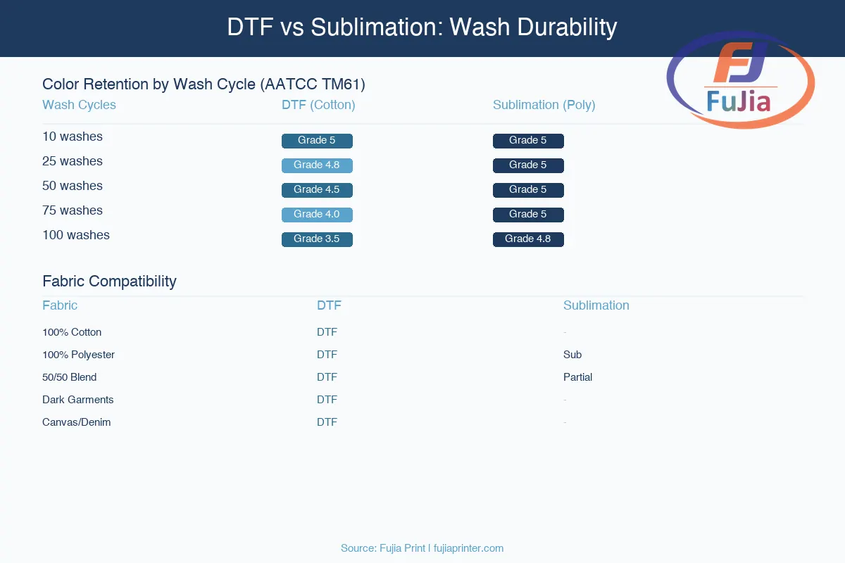 DTF vs sublimation wash durability comparison chart