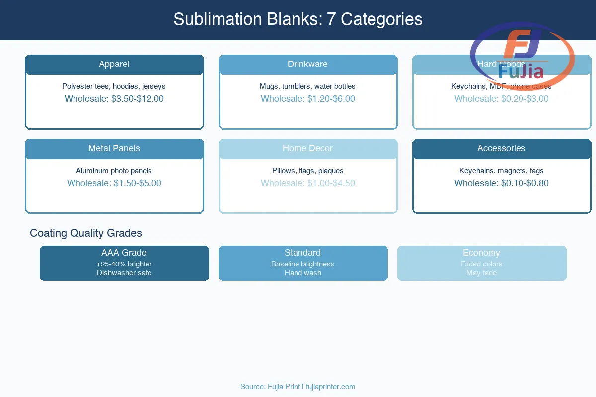 Sublimation blank categories comparison showing types and specifications