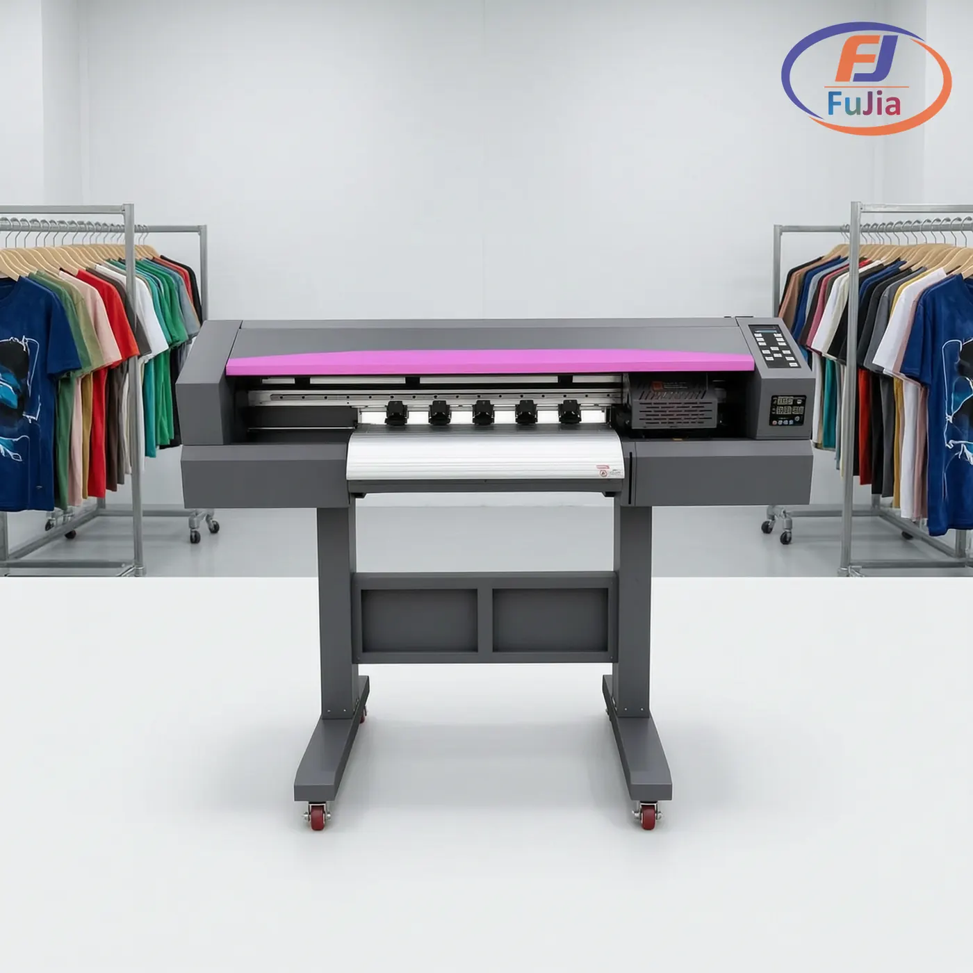 Industrial DTF printer producing multi-design gang sheets on a factory production line