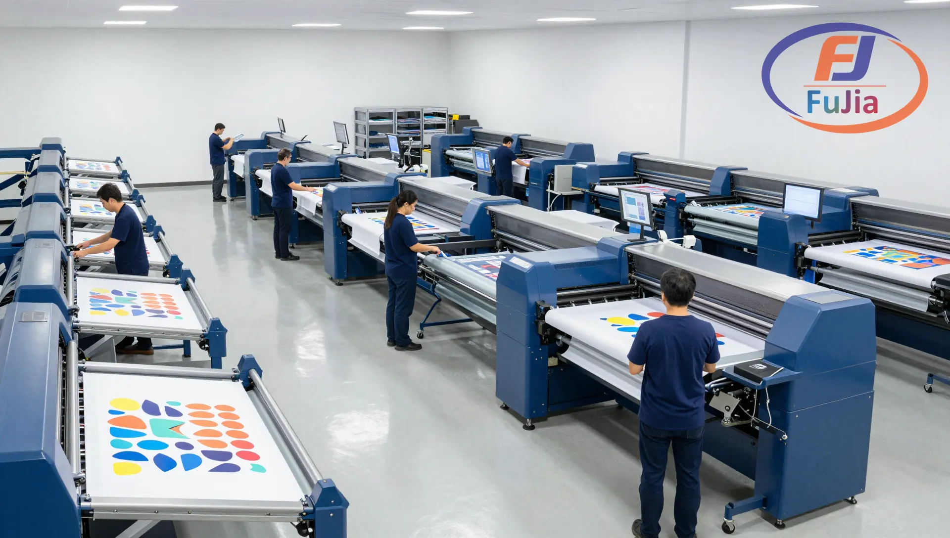 Industrial DTF fabric printer producing multi-design gang sheets in a production environment