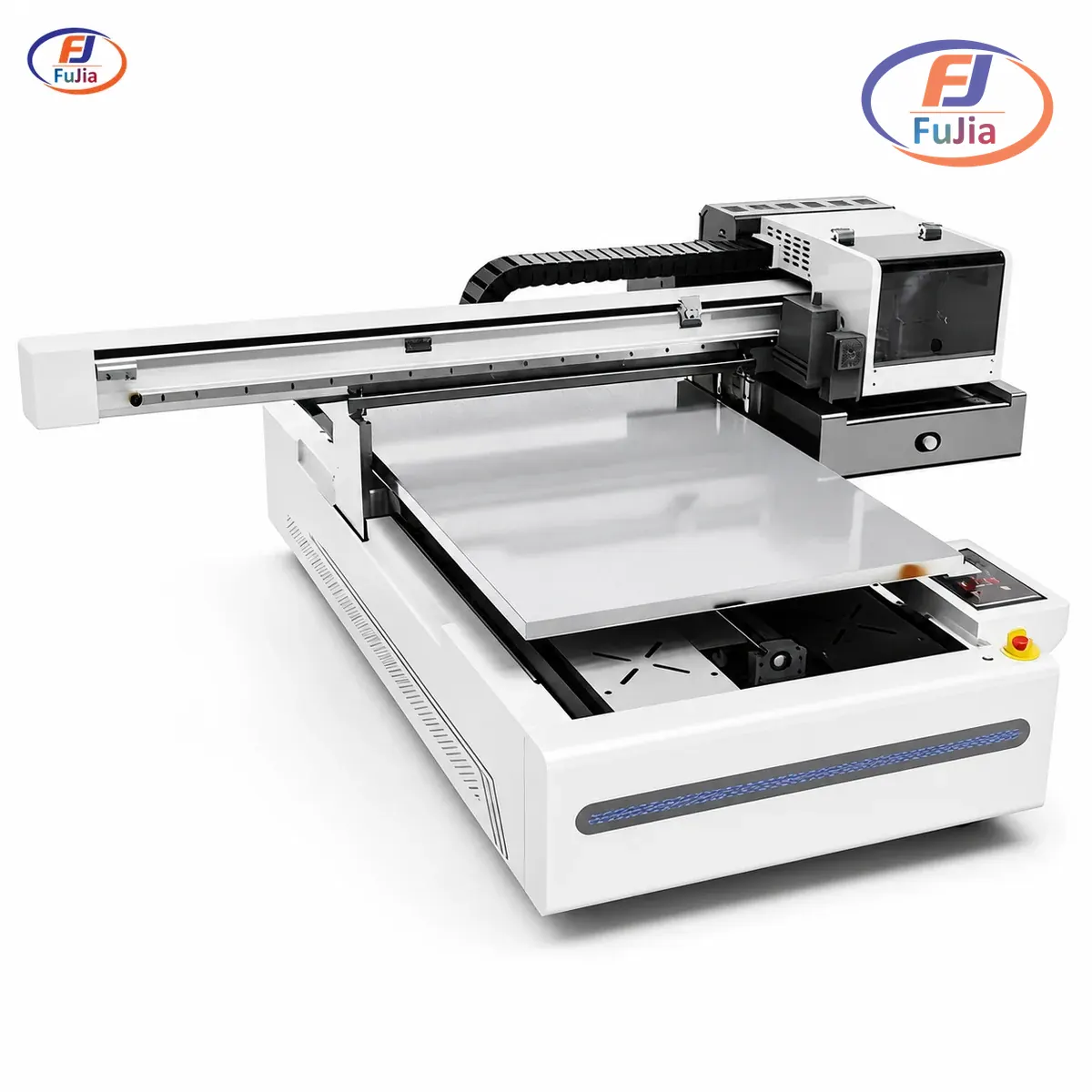 UV flatbed printer printing on glass and acrylic substrates in a workshop