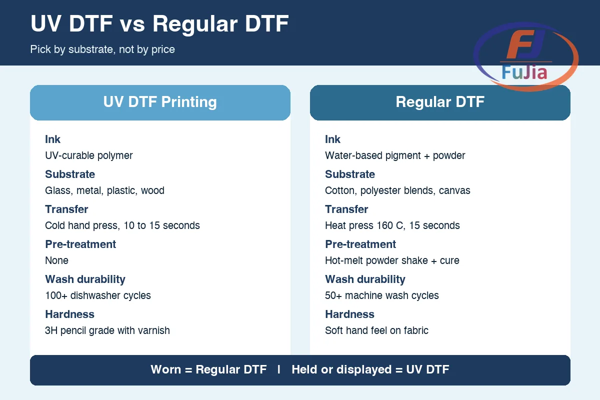UV DTF vs regular DTF comparison across ink, substrate, and durability