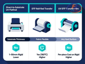 DTS vs DTF vs UV DTF comparison table for small business printers