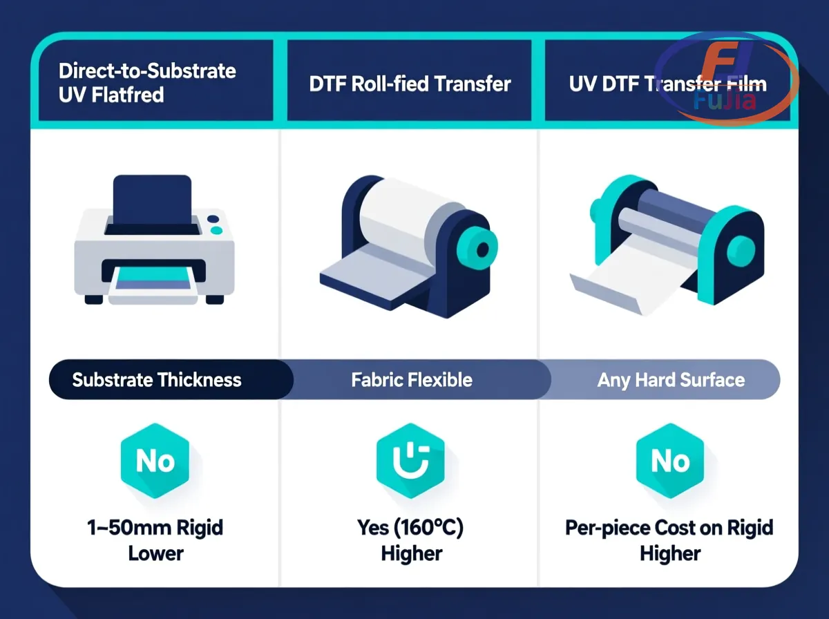 DTS vs DTF vs UV DTF comparison table for small business printers
