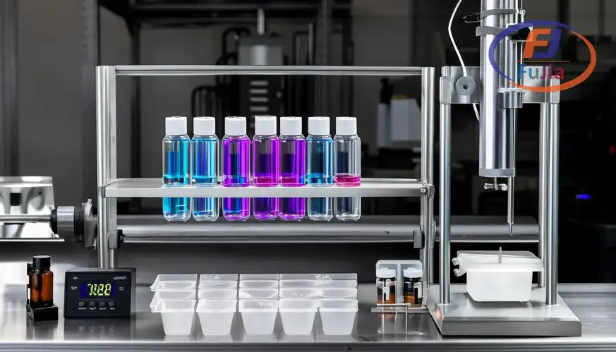 UV ink bottles on a workshop shelf