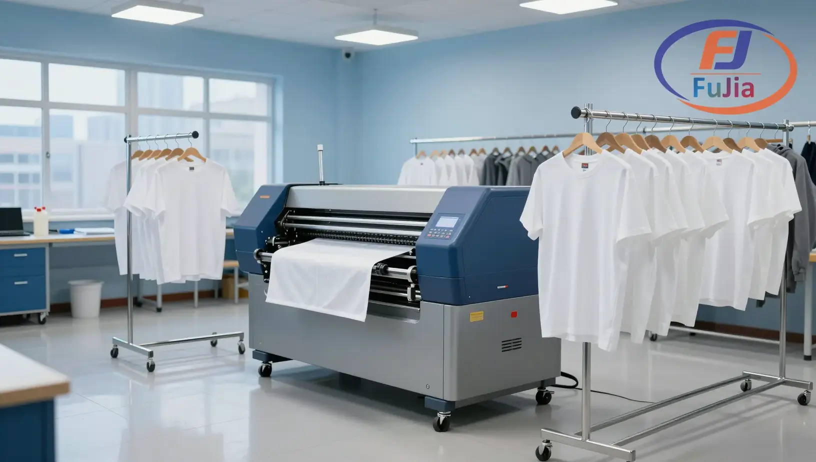 Fujia A1 dual-head DTF printer in a professional print shop environment