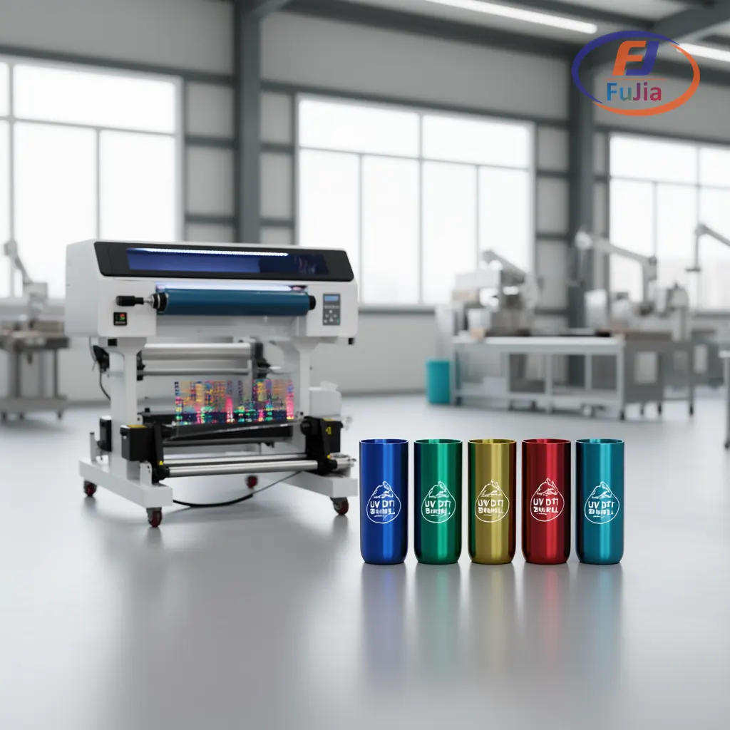 Fujia UV DTF printer producing crystal labels for drinkware
