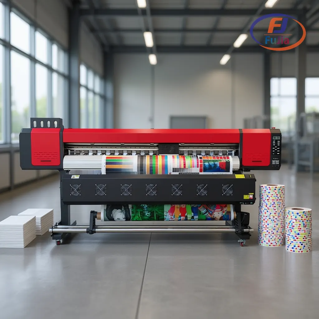 Fujia 1.8m eco solvent print-and-cut unit on a factory production floor